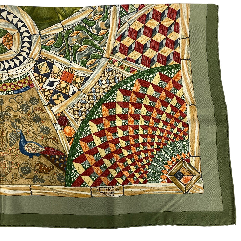 HERMES scarf silk green TROPHEES de VENISE Carre90