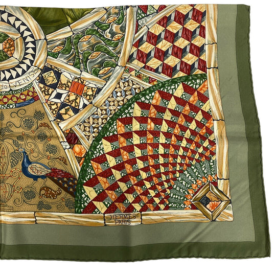 HERMES scarf silk green TROPHEES de VENISE Carre90