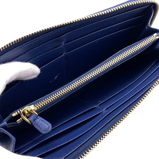 PRADA Long Wallet Purse 1ML183 leather blue Saffiano triangular plate