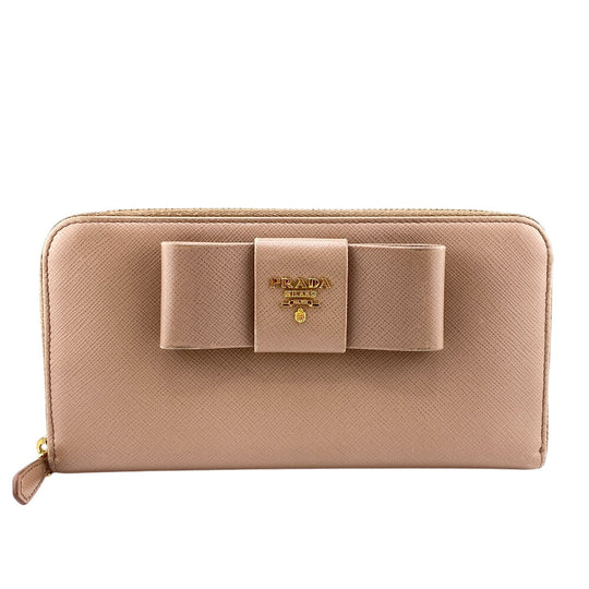 PRADA Long Wallet Purse 1ML506 leather beige Zip Around Safiano Ribbon Women Used Authentic