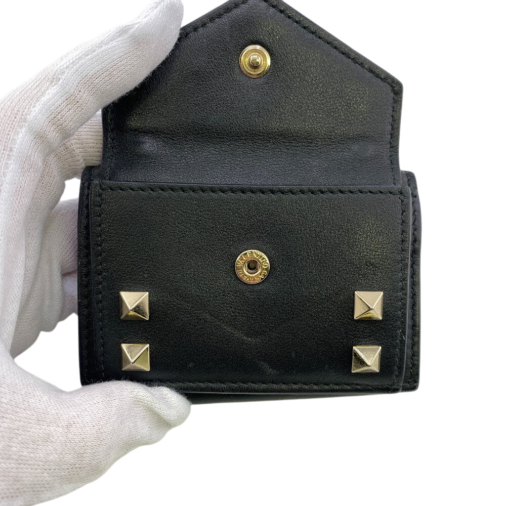 Valentino Garavani Tri-fold wallet leather black Rock studs Women Used Authentic