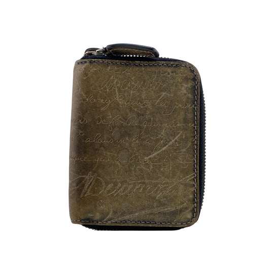 Berluti Coin case leather khaki Zip Around Calligraphy mens Used Authentic