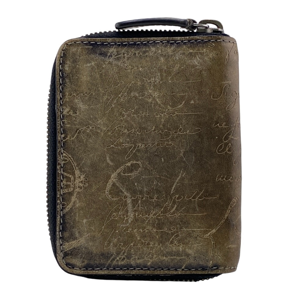 Berluti Coin case leather khaki Zip Around Calligraphy mens Used Authentic
