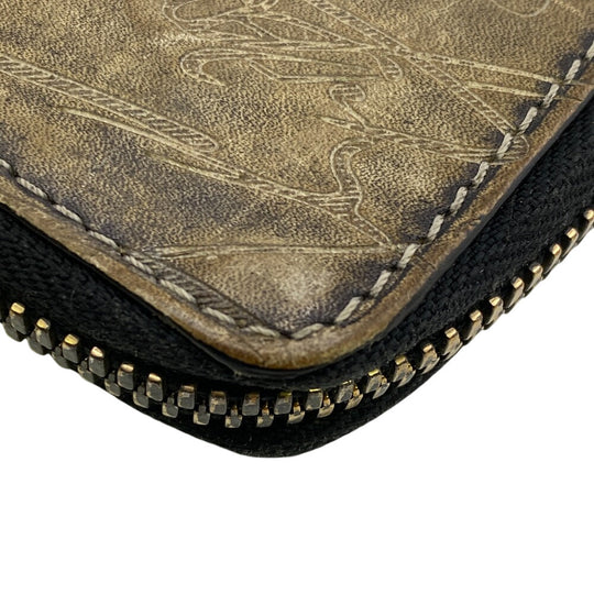 Berluti Coin case leather khaki Zip Around Calligraphy mens Used Authentic