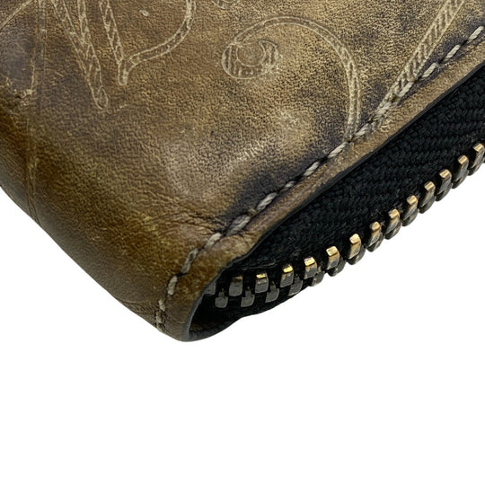 Berluti Coin case leather khaki Zip Around Calligraphy mens Used Authentic