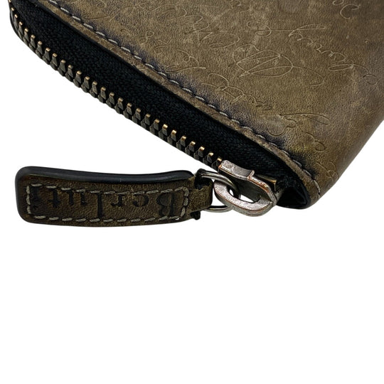Berluti Coin case leather khaki Zip Around Calligraphy mens Used Authentic