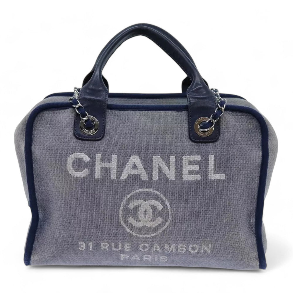 Chanel Deauville Shoulder Bag Canvas Navy Blue Women Handbag Chain Strap