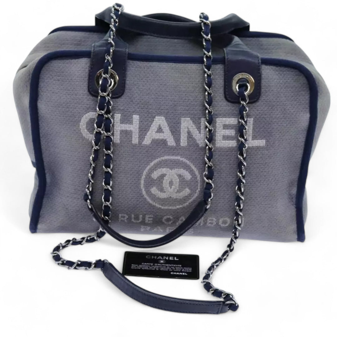 Chanel Deauville Shoulder Bag Canvas Navy Blue Women Handbag Chain Strap
