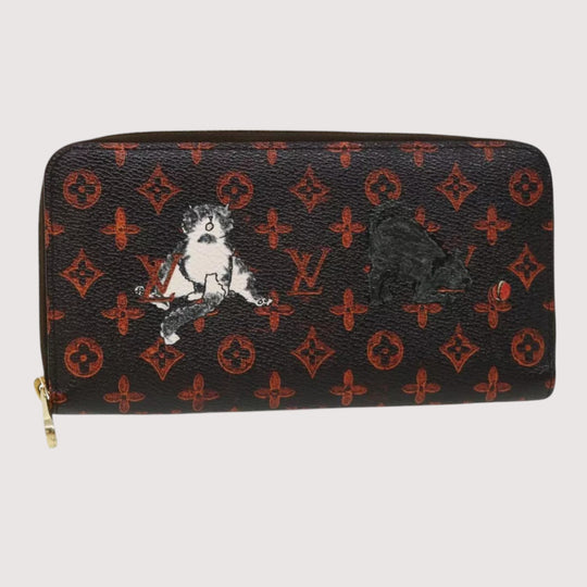 Louis Vuitton Monogram Canvas Zippy Wallet Cat Design Black Long Wallet Unisex