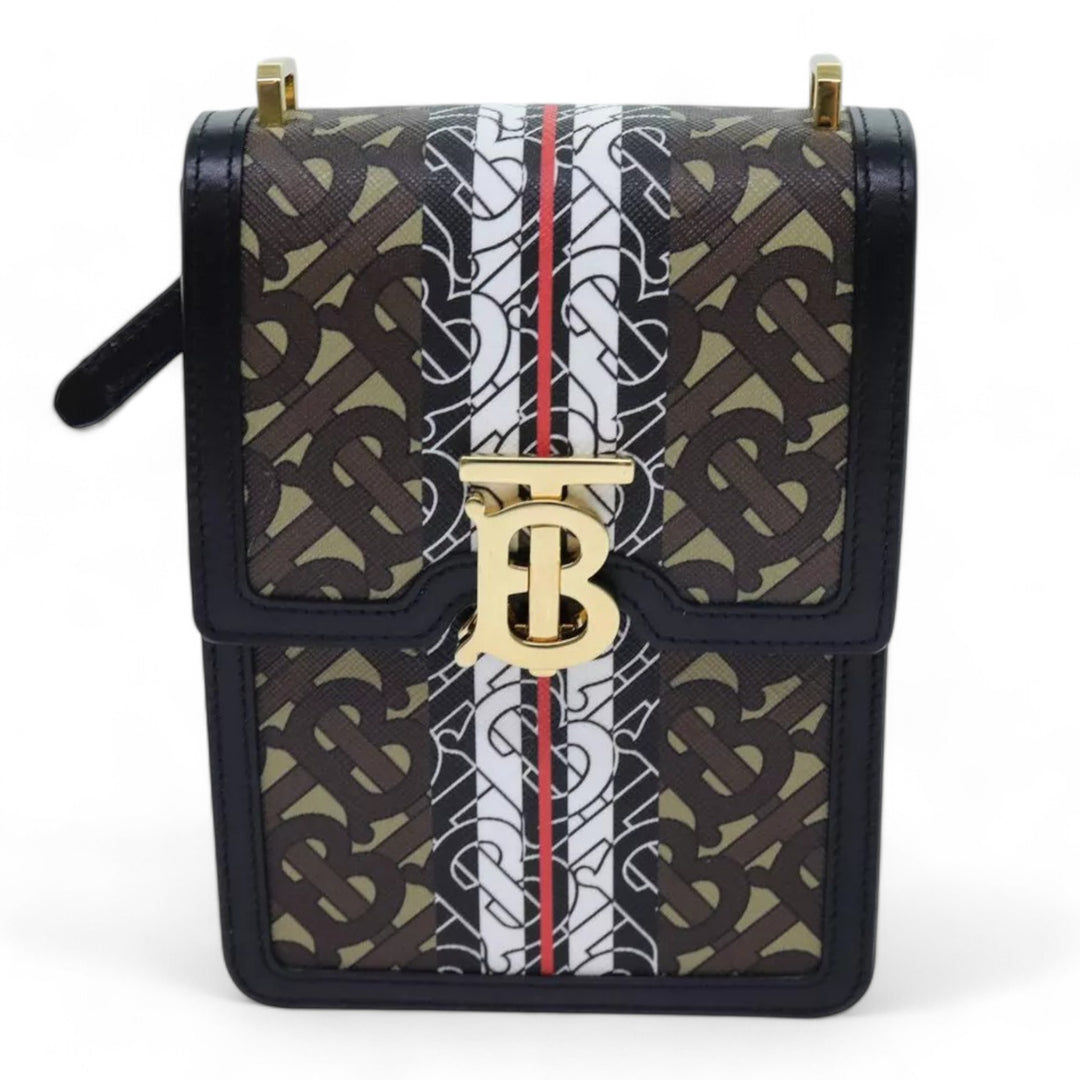 Burberry Shoulder Bag PVC Leather Brown Monogram Stripe Women Crossbody Handbag with Strap