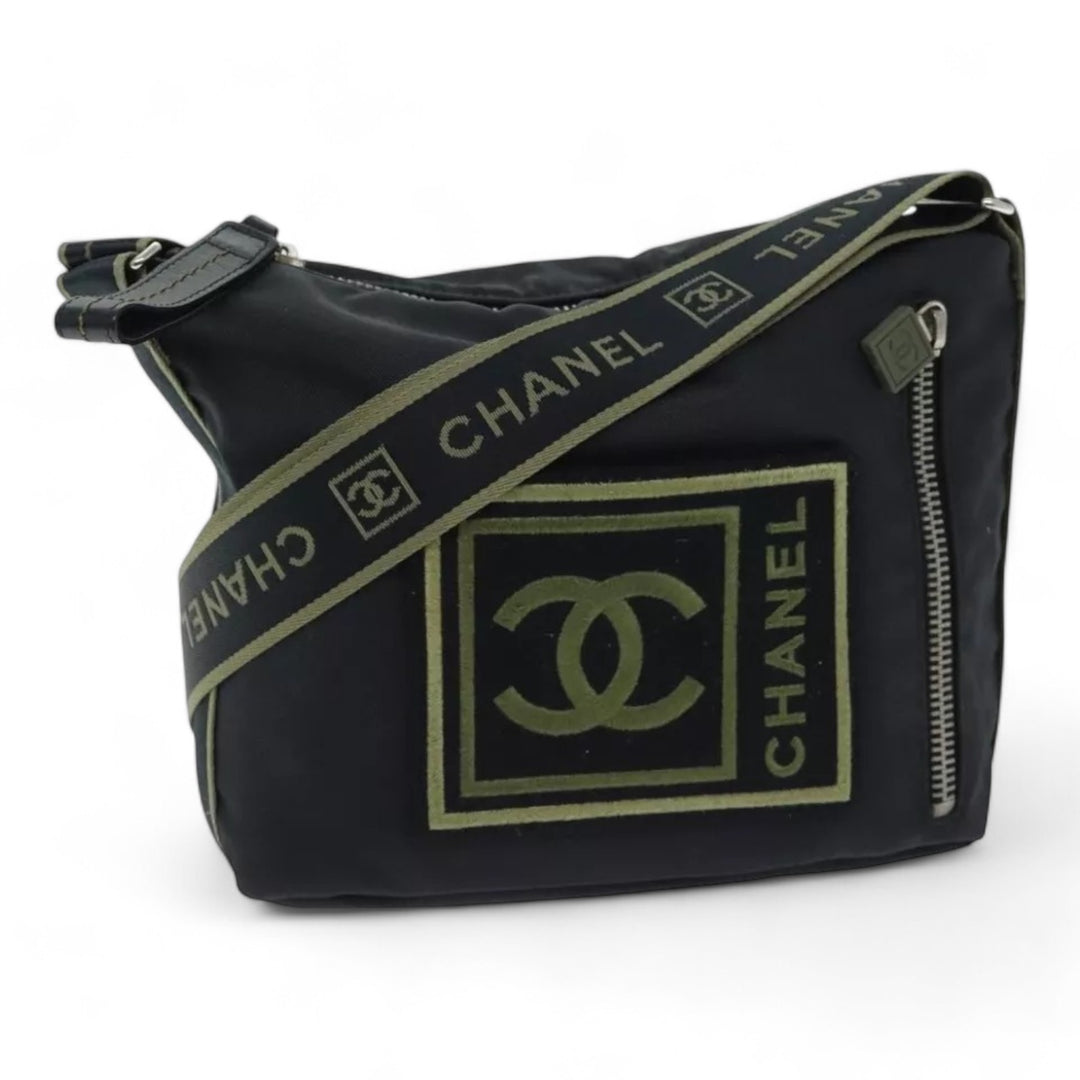 Chanel Sports Coco Mark Shoulder Bag Nylon Black Silver Vintage Crossbody Purse