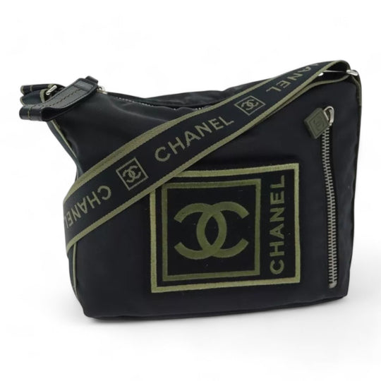 Chanel Sports Coco Mark Shoulder Bag Nylon Black Silver Vintage Crossbody Purse