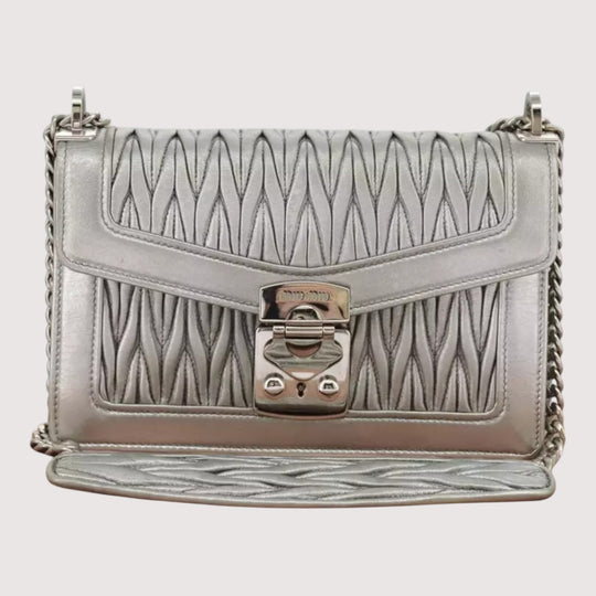 Miu Miu Matelasse Chain Shoulder Bag Leather Silver Women Handbag Purse