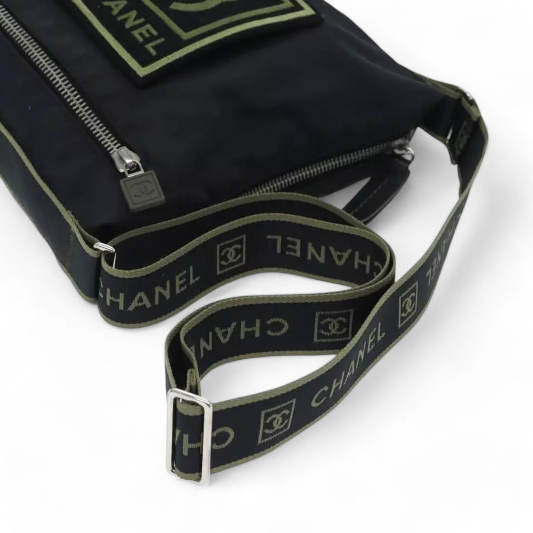 Chanel Sports Coco Mark Shoulder Bag Nylon Black Silver Vintage Crossbody Purse