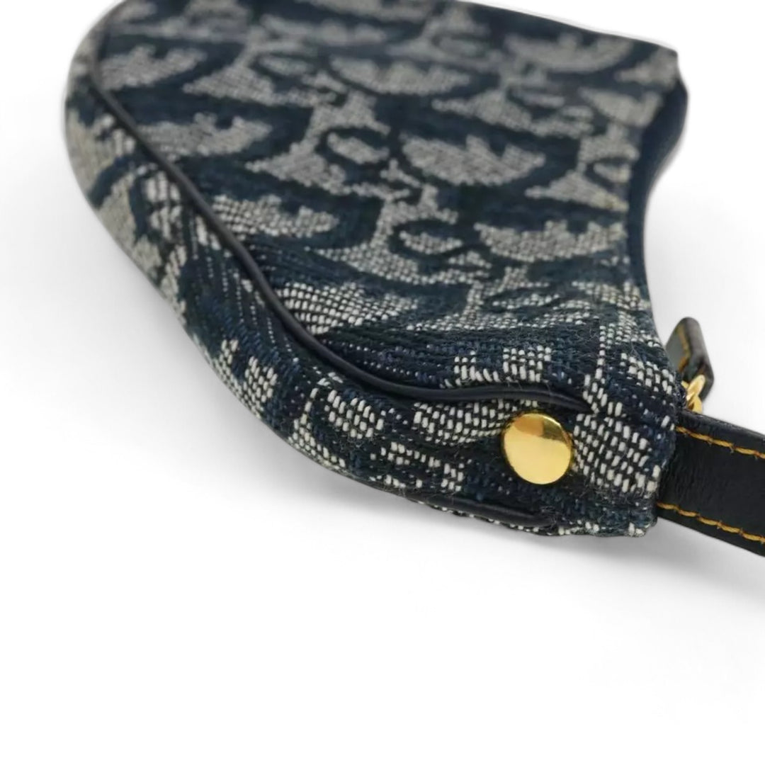Christian Dior Trotter Canvas Saddle Coin Purse Navy Blue Gold Hardware Women's Handbag