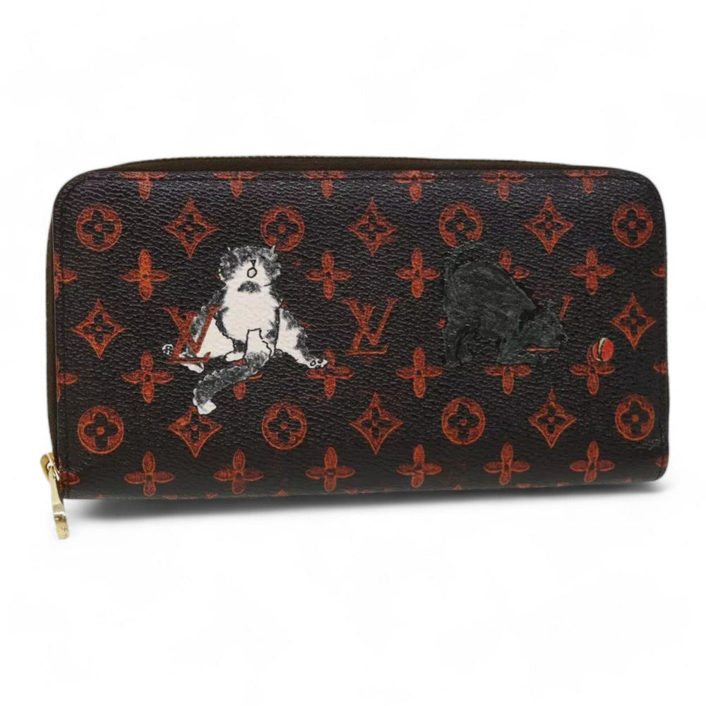 Louis Vuitton Monogram Canvas Zippy Wallet Cat Design Black Long Wallet Unisex