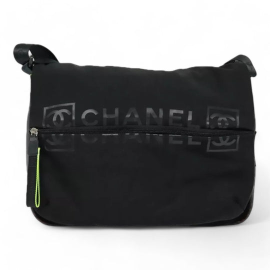 Chanel Sports Shoulder Bag Nylon Black Silver Unisex CC Logo Adjustable Strap