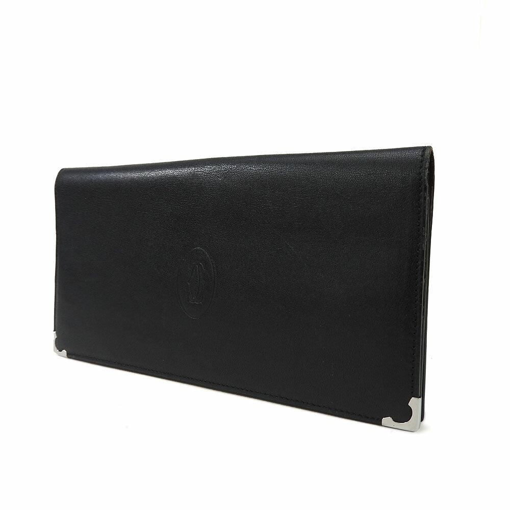 CARTIER Long Wallet Purse leather black Cabochon line