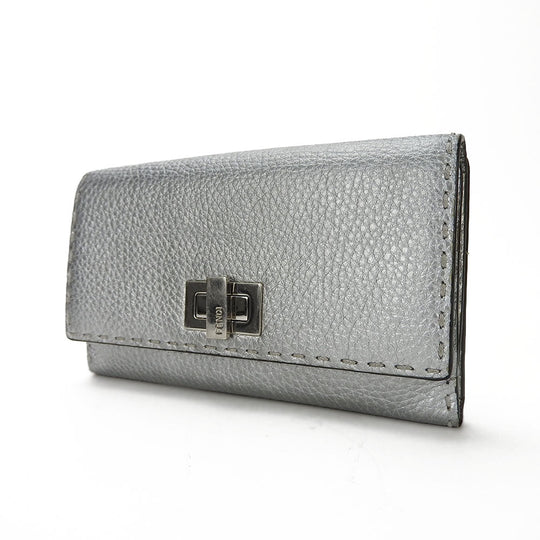 FENDI Long Wallet Purse 8M0308 leather Silver Celeria