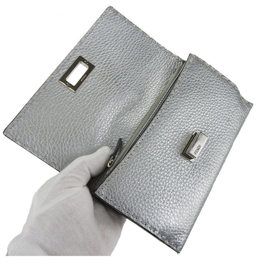 FENDI Long Wallet Purse 8M0308 leather Silver Celeria