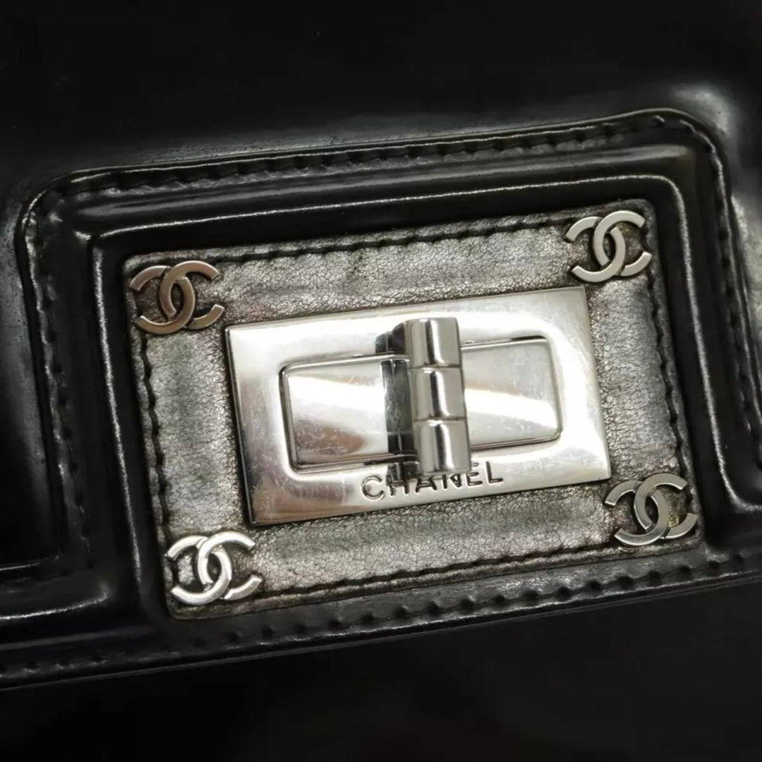 CHANEL Chain Shoulder Bag Patent Leather Black Silver CC