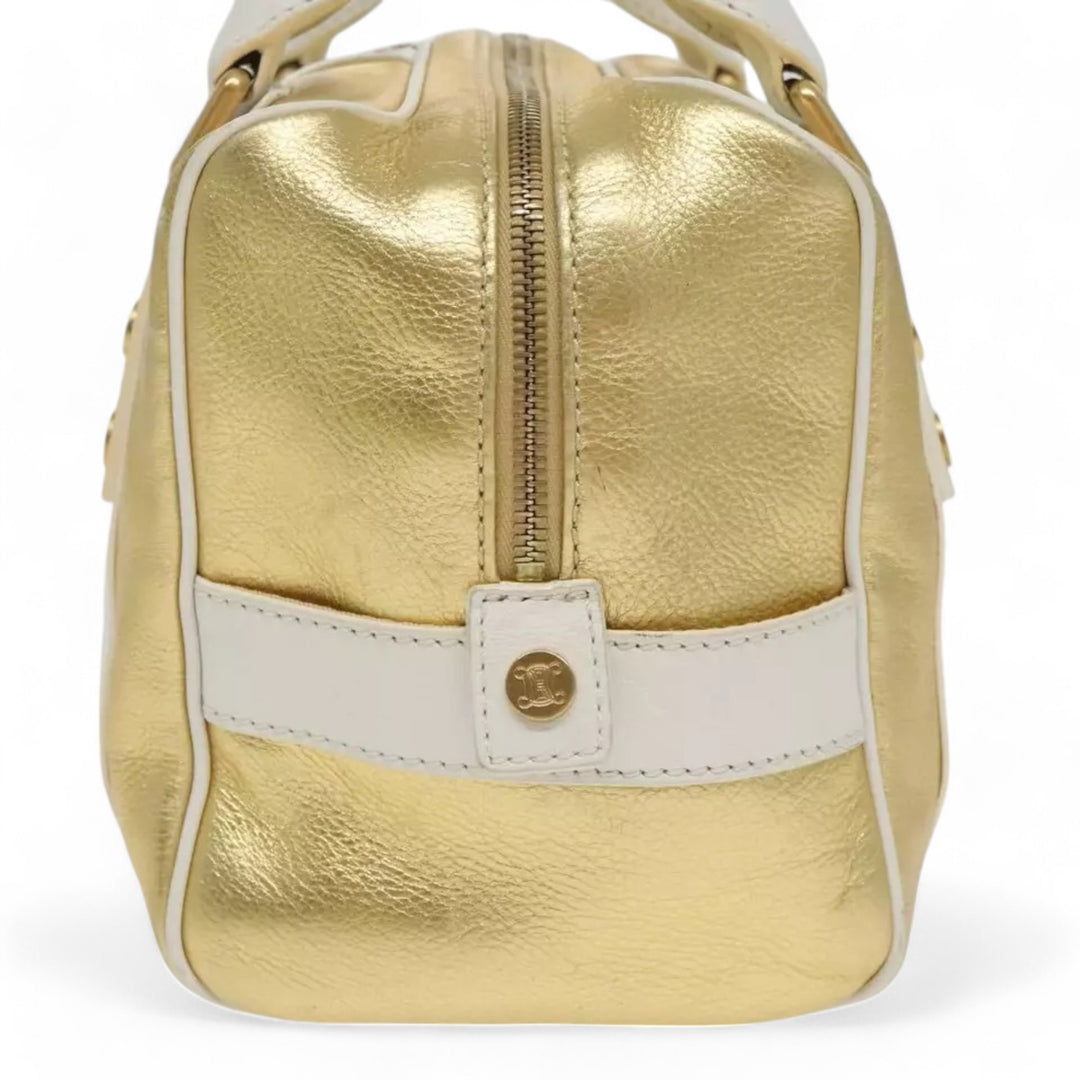 Celine Boston Bag Leather White Gold 2004 Women's Vintage Handbag