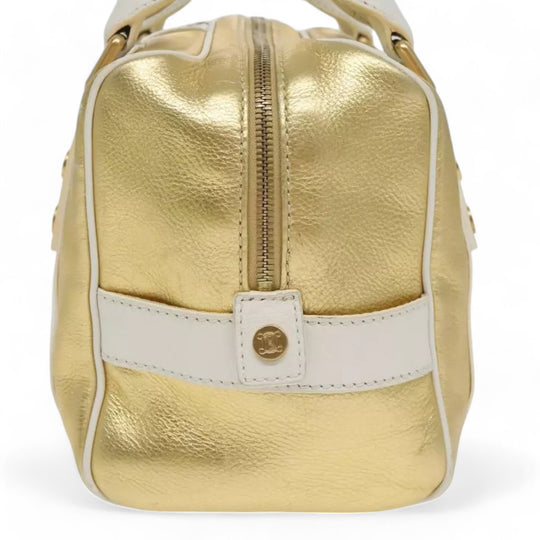 Celine Boston Bag Leather White Gold 2004 Women's Vintage Handbag