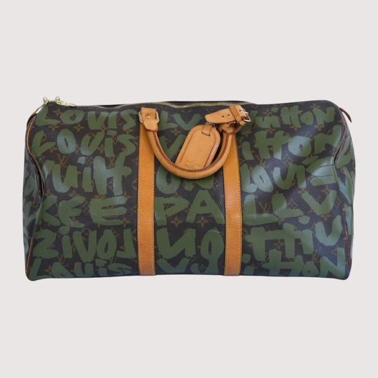 Louis Vuitton Keepall 50 Camo Monogram Canvas Leather Travel Bag Green Brown Unisex