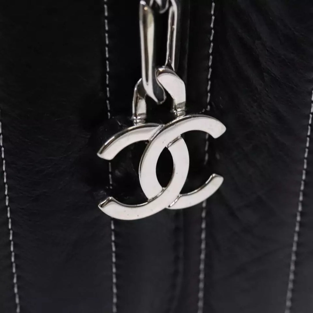CHANEL Chain Shoulder Bag Leather Silver Black CC Women's Handbag