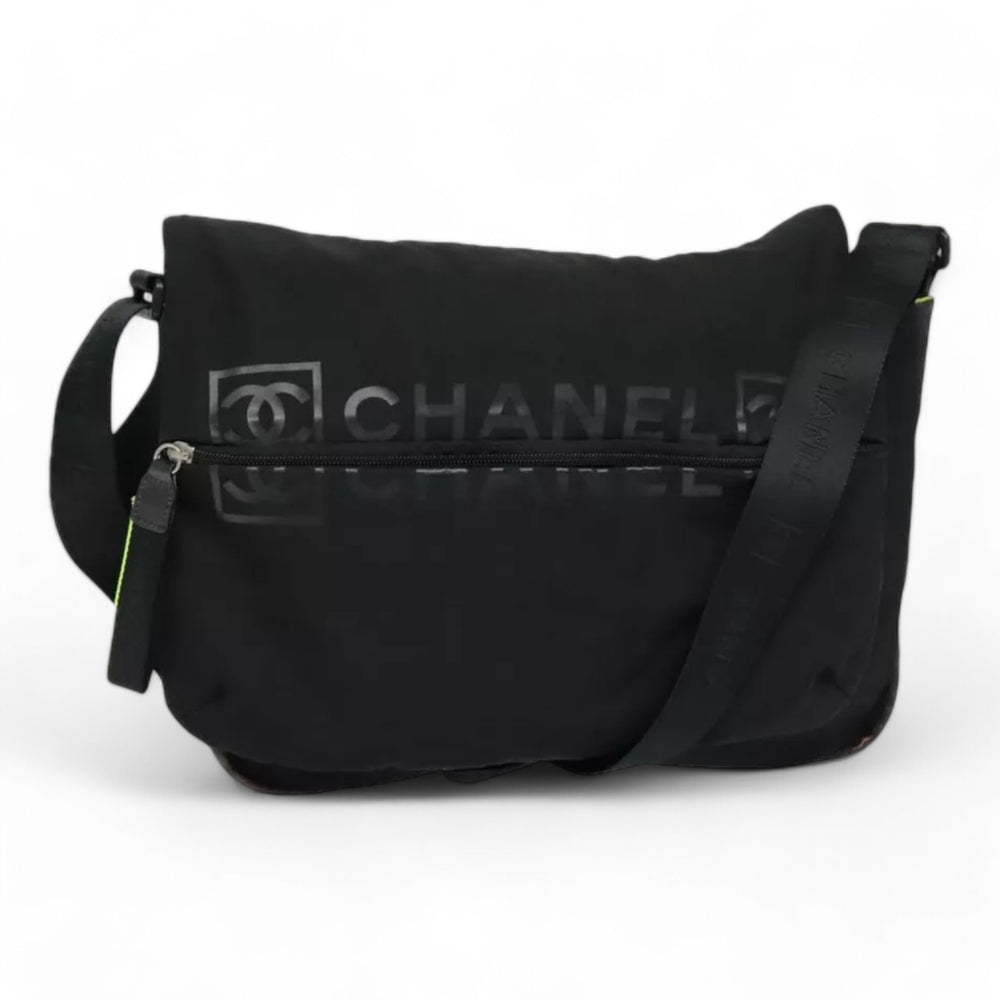 Chanel Sports Shoulder Bag Nylon Black Silver Unisex CC Logo Adjustable Strap