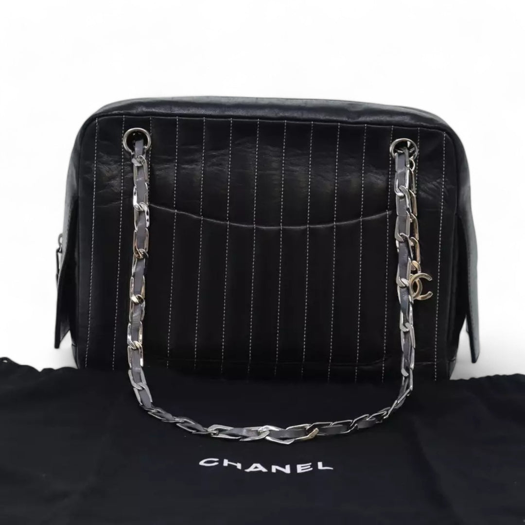CHANEL Chain Shoulder Bag Leather Silver Black CC Women's Handbag