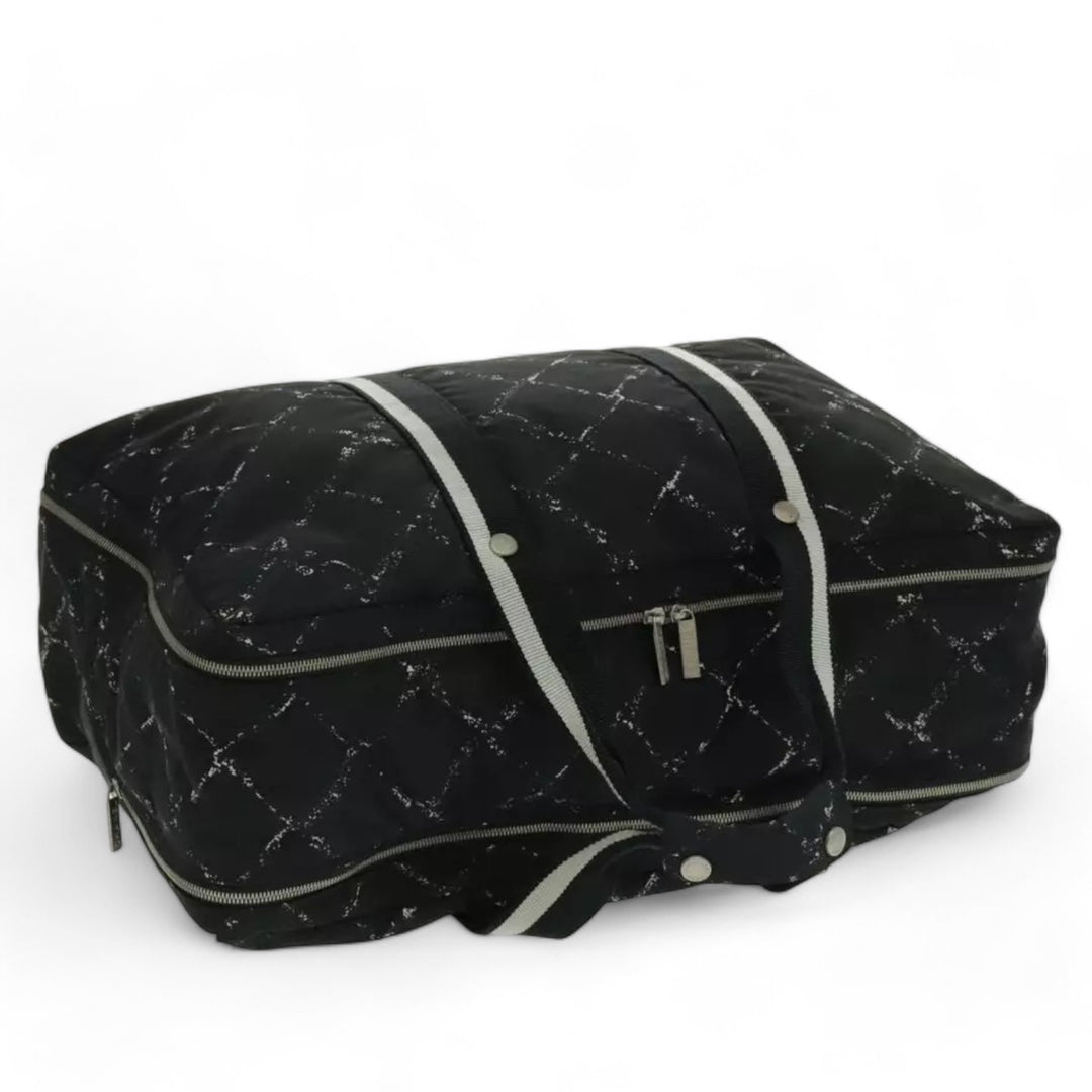 Chanel Travel Line Boston Bag Nylon Black Silver Unisex Large Tote Travel Bag