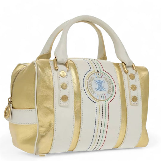 Celine Boston Bag Leather White Gold 2004 Women's Vintage Handbag
