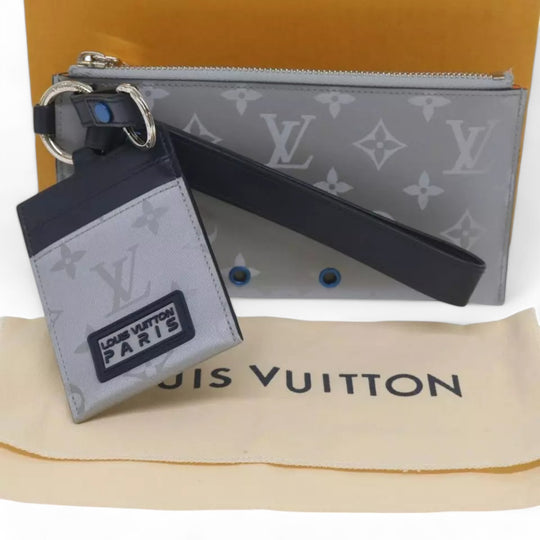 Louis Vuitton Monogram Satellite Alpha Pouch Silver Unisex Handbag with Card Holder