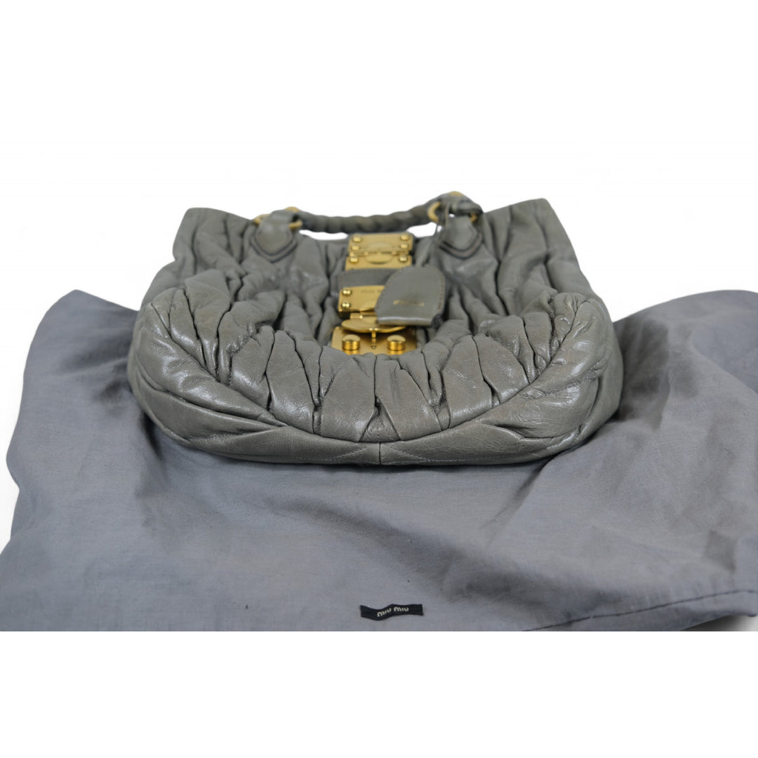 Miu Miu Matelassé Grey Leather Handbag Gold Hardware Women's Purse with Dust Bag