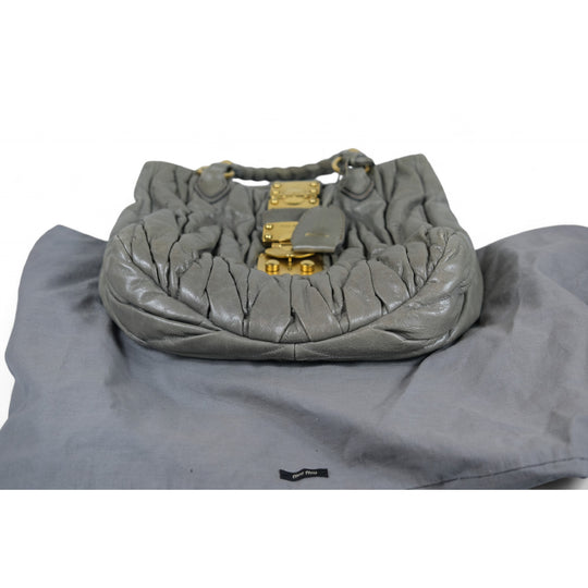 Miu Miu Matelassé Grey Leather Handbag Gold Hardware Women's Purse with Dust Bag