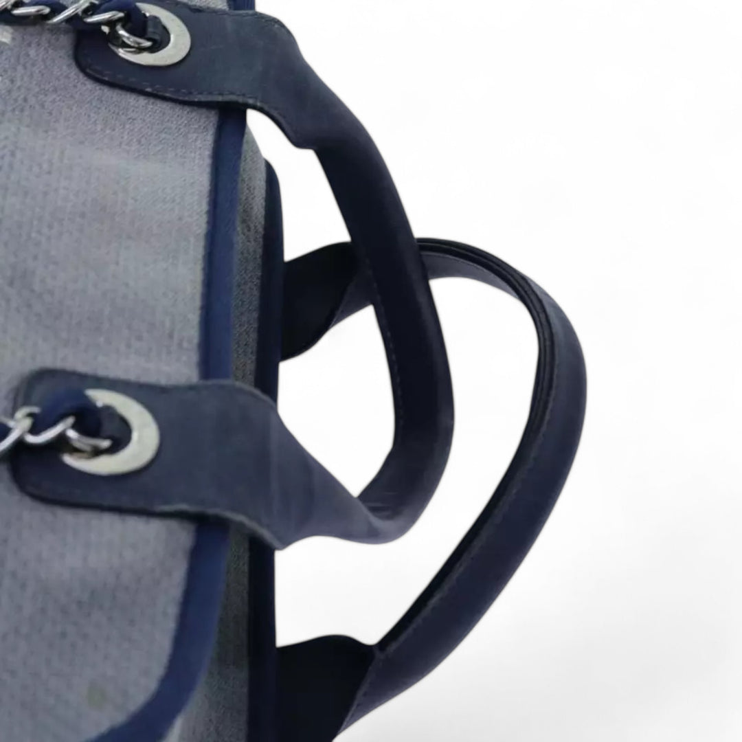 Chanel Deauville Shoulder Bag Canvas Navy Blue Women Handbag Chain Strap