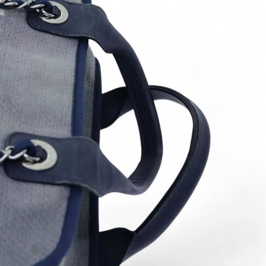 Chanel Deauville Shoulder Bag Canvas Navy Blue Women Handbag Chain Strap