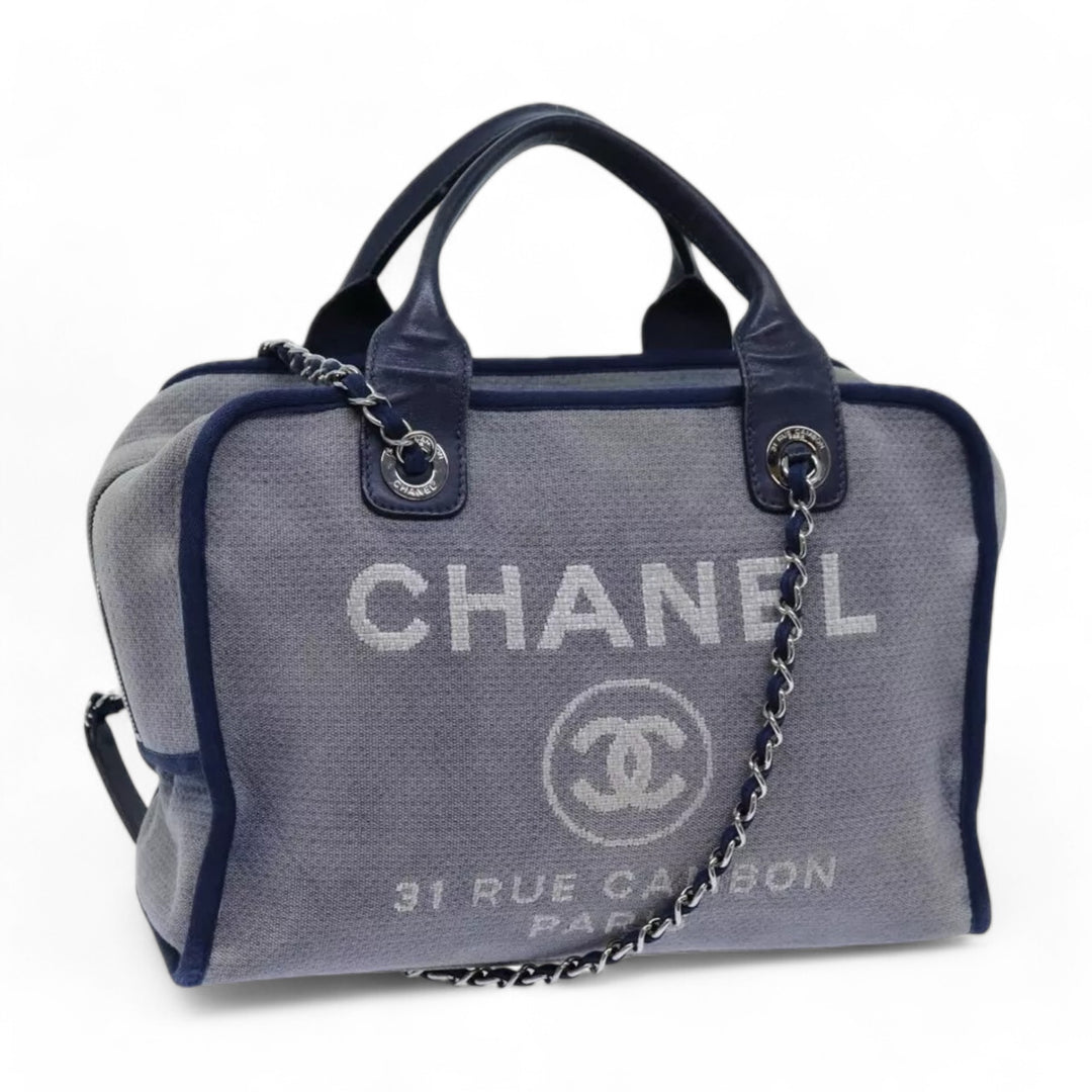 Chanel Deauville Shoulder Bag Canvas Navy Blue Women Handbag Chain Strap