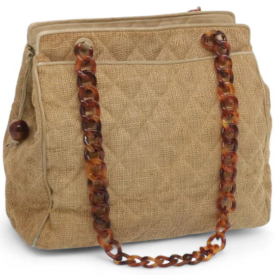 Chanel Matelasse Tote Bag Straw Brown CC Auth Quilted Chain Strap