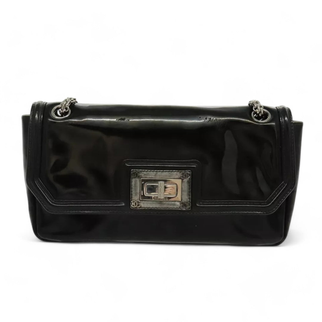 CHANEL Chain Shoulder Bag Patent Leather Black Silver CC