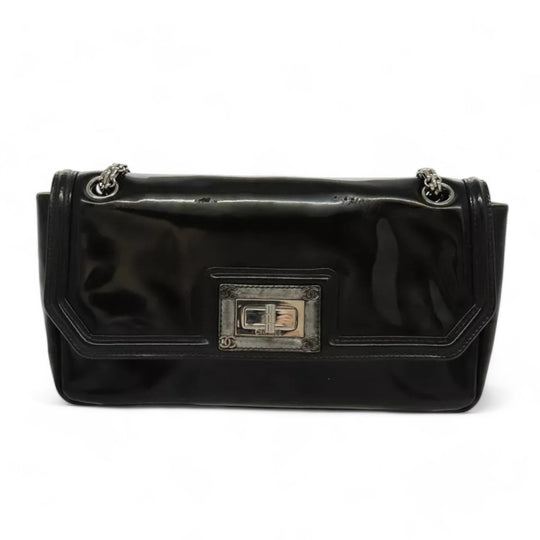 CHANEL Chain Shoulder Bag Patent Leather Black Silver CC