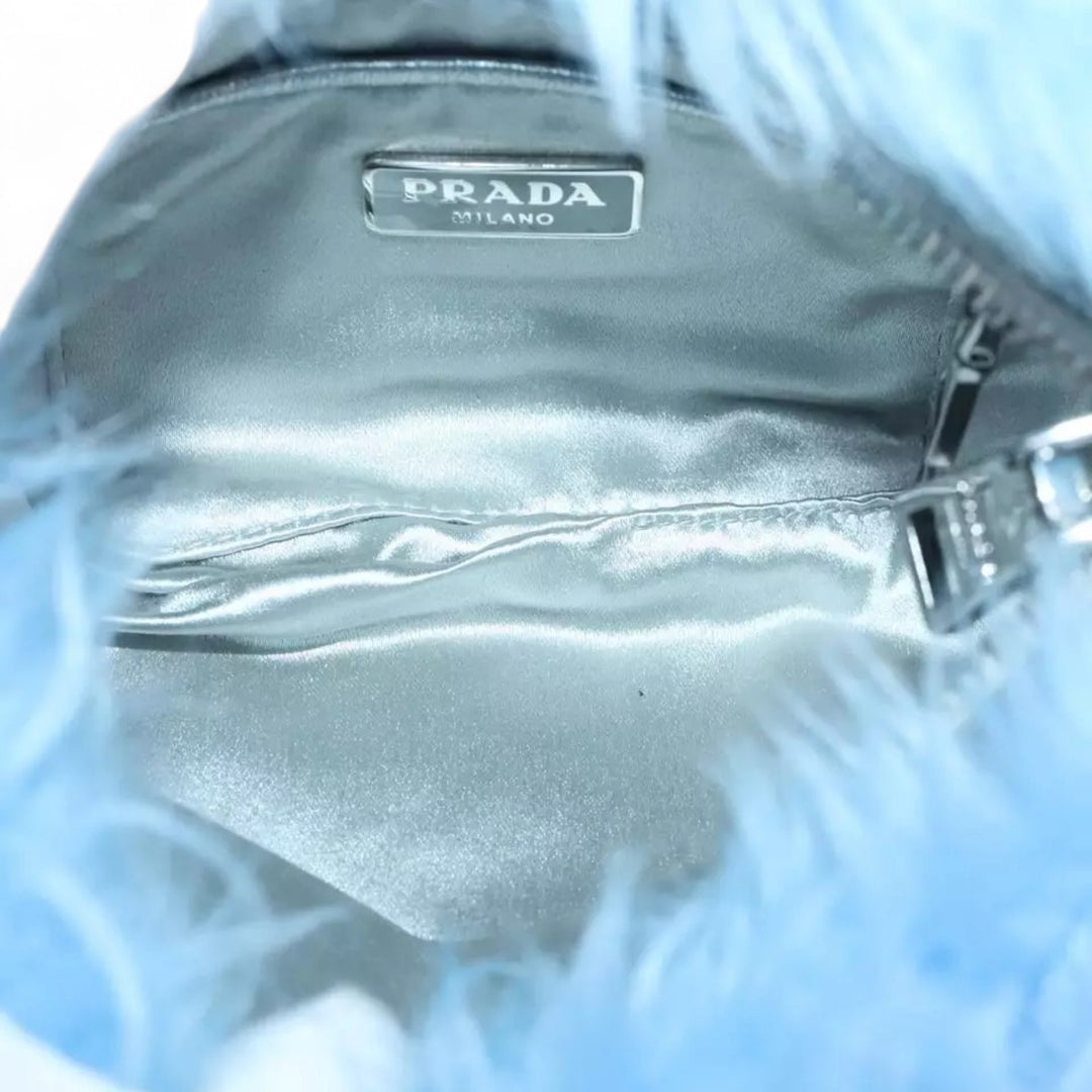 Prada Clutch Bag Eco Pelliccia Azzurro Blue Silver Fur Handbag Women Made in Italy