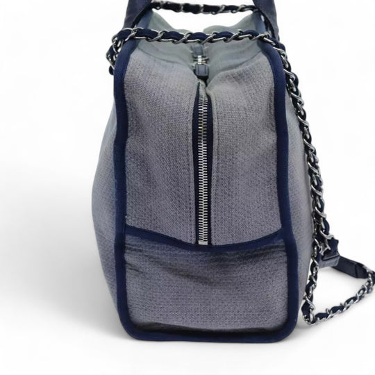 Chanel Deauville Shoulder Bag Canvas Navy Blue Women Handbag Chain Strap