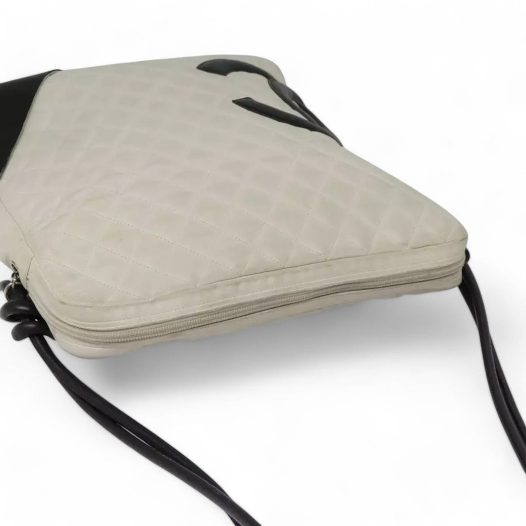 CHANEL Cambon Line Matelasse Shoulder Bag Leather White Black Silver CC
