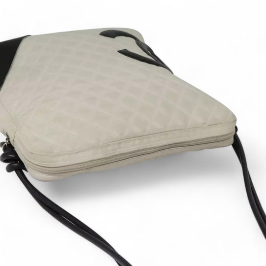 CHANEL Cambon Line Matelasse Shoulder Bag Leather White Black Silver CC