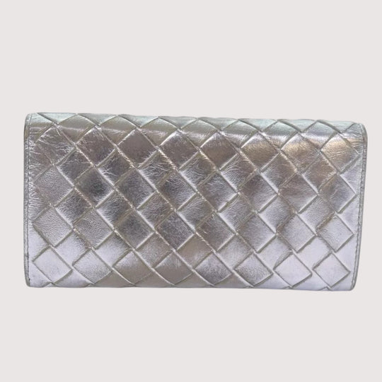 Bottega Veneta Intrecciato Leather Long Wallet Silver Tone Unisex