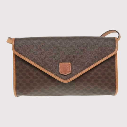 CELINE Macadam Canvas Shoulder Bag PVC Leather Brown Gold Women Vintage Crossbody