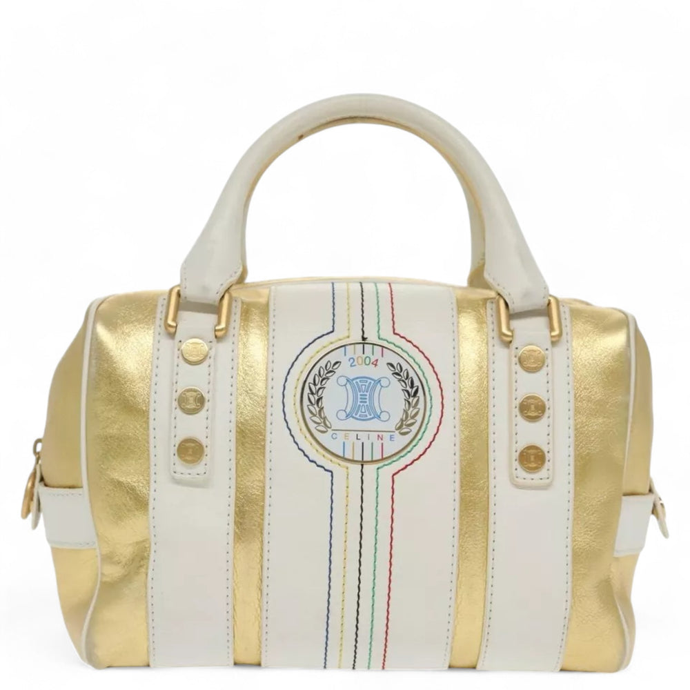 Celine Boston Bag Leather White Gold 2004 Women's Vintage Handbag