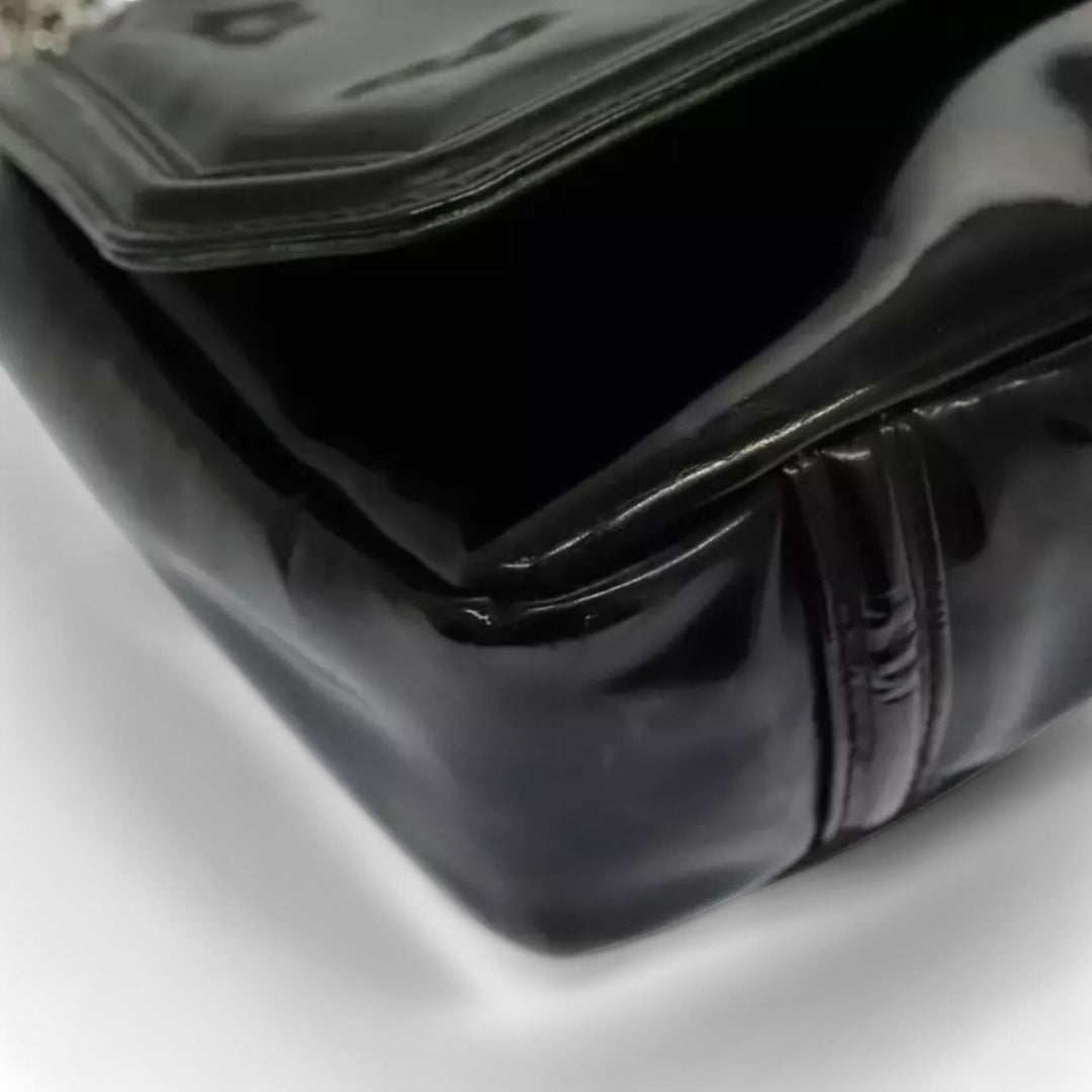 CHANEL Chain Shoulder Bag Patent Leather Black Silver CC